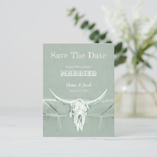 Rustige Westerne schedel Groen sparen de datum Briefkaart (Staand voorkant)