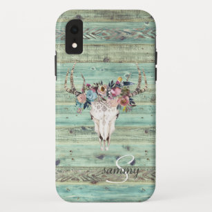 Rustige Westerne Turquoise Wood Deer Skull Monogra iPhone XR Hoesje