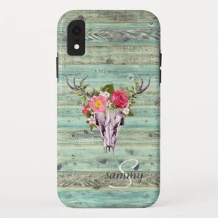 Rustige Westerne Turquoise Wood Deer Skull Monogra iPhone XR Hoesje