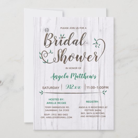 Rustige White & Brown Wood Bridal Shower Invitatio Kaart (Voorkant)