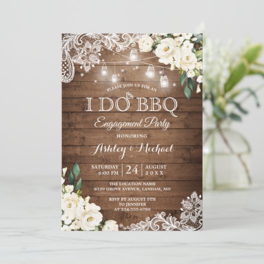 Rustige White Floral I DO BBQ Engagement Party Kaart (Staand voorkant)