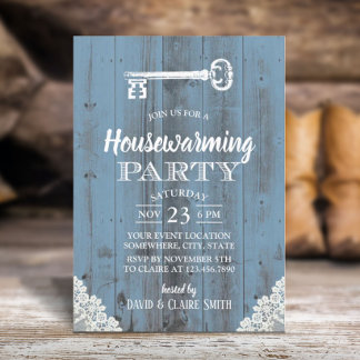 Rustige White Lace Dusty Blue Housewarming Party Kaart