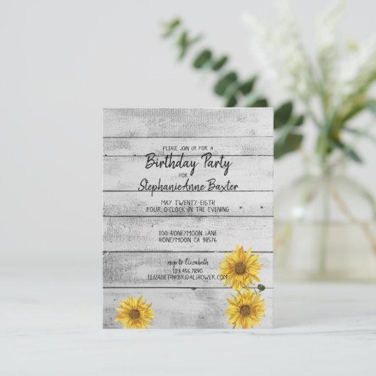 Rustige White Wood Sunflower Birthday Uitnodiging