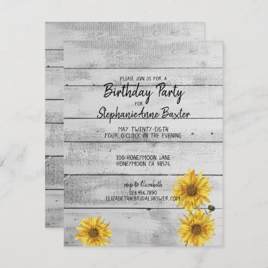 Rustige White Wood Sunflower Birthday Uitnodiging (Voorkant / Achterkant)