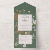 Rustige wilde bloemen Monogram Sage Green Dinner All In One Uitnodiging (Binnen)