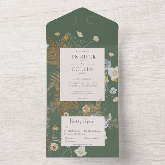 Rustige wilde bloemen Monogram Sage Green Dinner All In One Uitnodiging (Binnen)