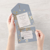 Rustige wilde bloemen Monogram Stusty Blue QR Code All In One Uitnodiging (Afscheurbaar)