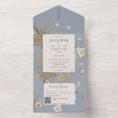 Rustige wilde bloemen Monogram Stusty Blue QR Code All In One Uitnodiging (Binnen)