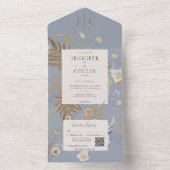 Rustige wilde bloemen Monogram Stusty Blue QR Code All In One Uitnodiging (Binnen)
