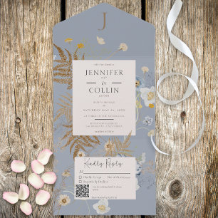 Rustige wilde bloemen Monogram Stusty Blue QR Code All In One Uitnodiging