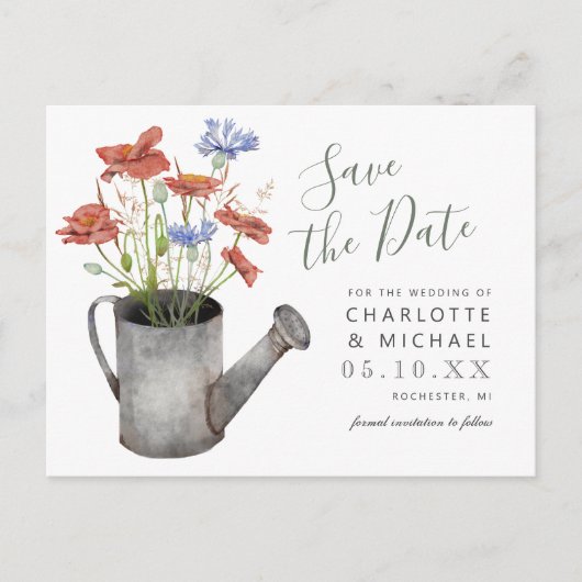 rustige wilde bloemen water kan de datum redden briefkaart (Voorkant)