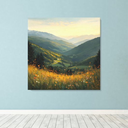 Rustige wildernis - Schilderachtig weide en bergmu Canvas Afdruk (Insitu (Houten vloer))