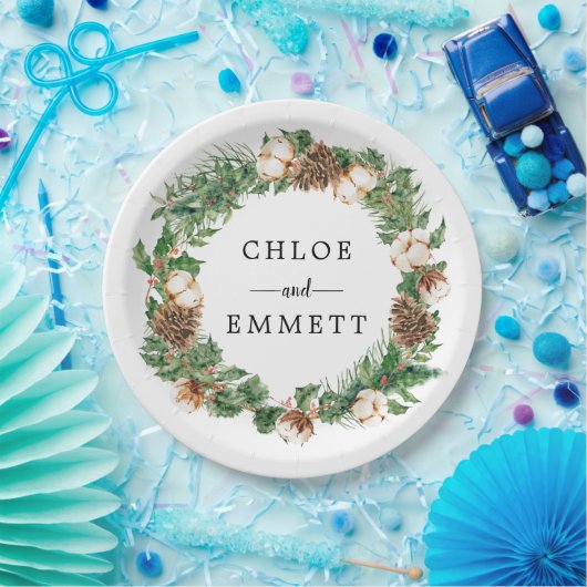 Rustige winter Botanische Wreath Custom Wedding Papieren Bordje (Feest)