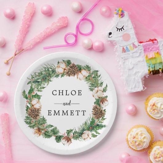 Rustige winter Botanische Wreath Custom Wedding Papieren Bordje (Feest)