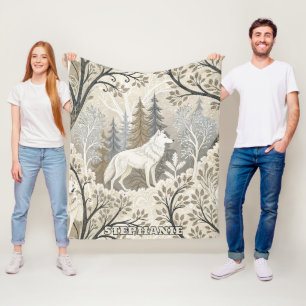 Rustige winterse bosscène met witte wolven fleece deken