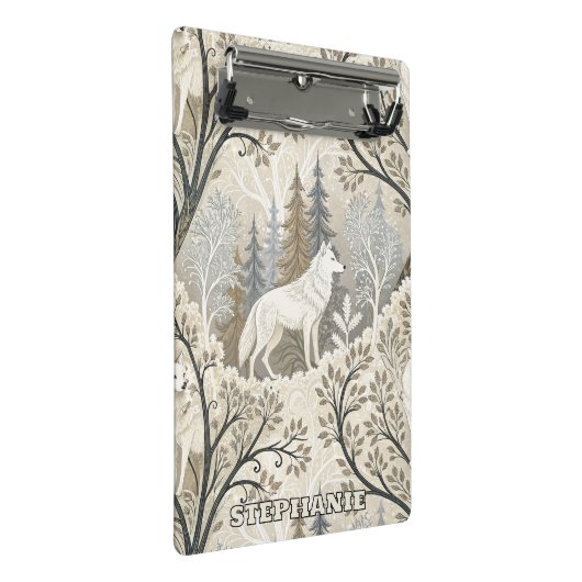 Rustige winterse bosscène met witte wolven mini klembord (Schuin)