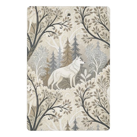 Rustige winterse bosscène met witte wolven mini klembord (Achterkant)