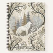 Rustige winterse bosscène met witte wolven notitieboek (Voorkant)