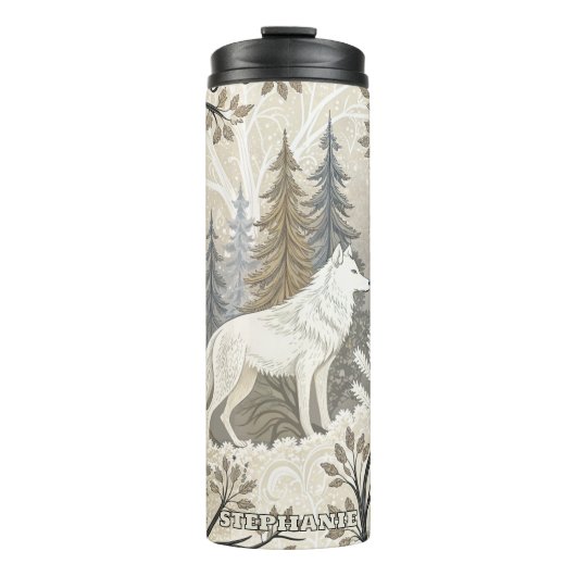 Rustige winterse bosscène met witte wolven thermosbeker (Voorkant)