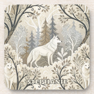 Rustige winterwoldsfeer met witte wolven bier onderzetter