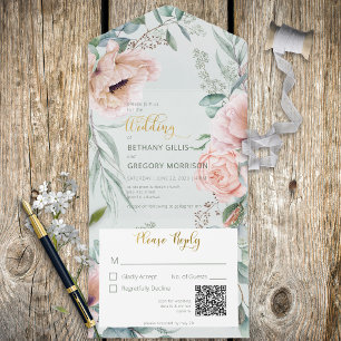 Rustige Wit & Blush Peonies Sage Green QR Code All In One Uitnodiging
