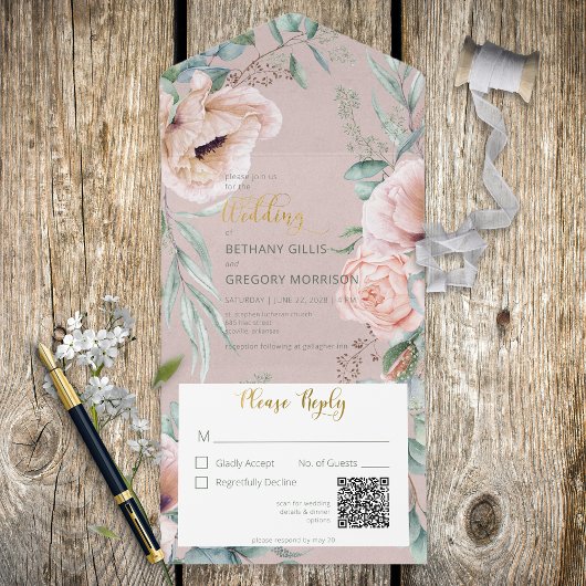 Rustige Wit- en Blush Peonies Roze QR-code All In One Uitnodiging