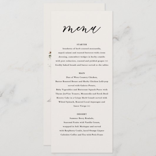 Rustige witte florale en vlekblaasjesbruiloft  menu (Voorkant / Achterkant)