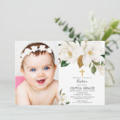 Rustige witte florale magnolia herfst baptisme fot kaart (Staand voorkant)