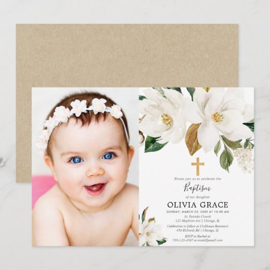 Rustige witte florale magnolia herfst baptisme fot kaart (Voorkant / Achterkant)