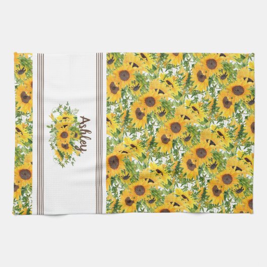 Rustige Witte Gele Zonnebloem Gepersonaliseerd Theedoek (Horizontaal)