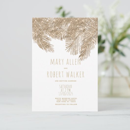 Rustige witte goudglitter tropisch thema bruiloft kaart (Staand voorkant)