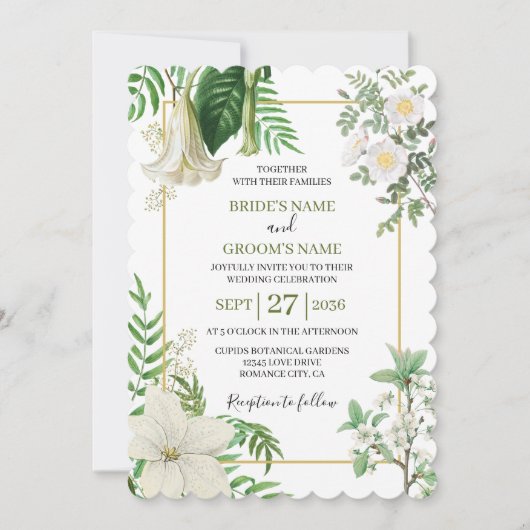 Rustige witte groene Waterverf Floral Gold Wedding Kaart (Voorkant)