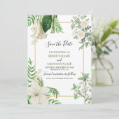 Rustige witte groene Waterverf Floral Gold Wedding Save The Date (Staand voorkant)