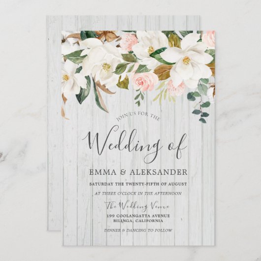 Rustige Witte Hout Blush & White Floral Wedding Kaart (Voorkant / Achterkant)