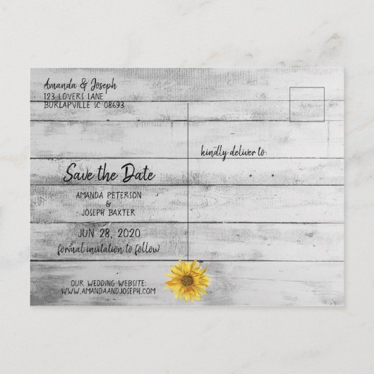 Rustige Witte Hout Zonnebloemen Bespaar de Datum Aankondigingskaart (Achterkant)