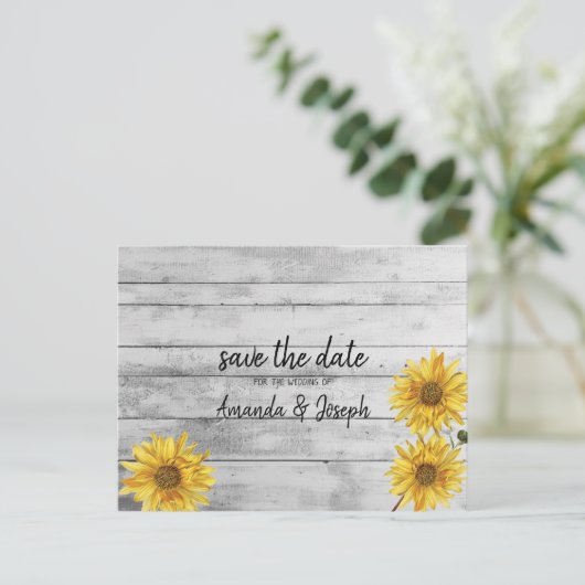 Rustige Witte Hout Zonnebloemen Bespaar de Datum Aankondigingskaart (Staand voorkant)