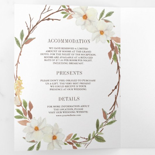 Rustige Witte Magnolia Floral QR Code Weddenschap Drieluik Uitnodiging (Binnenzijde eerst)