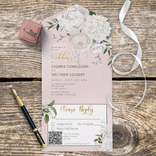 Rustige Witte pinda's Floral roze QR-code All In One Uitnodiging