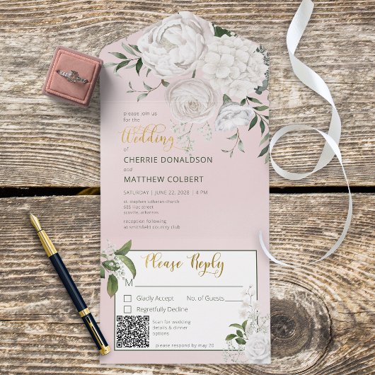 Rustige Witte pinda's Floral roze QR-code All In One Uitnodiging
