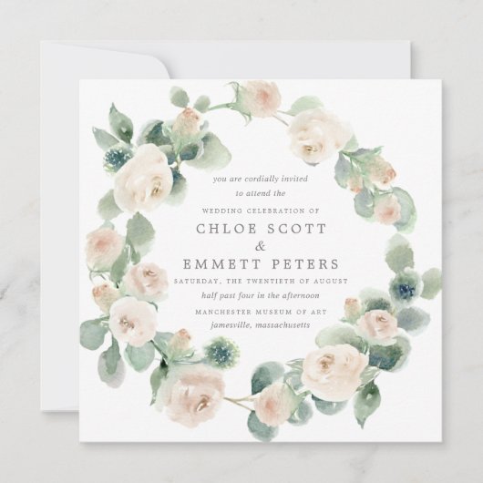 Rustige witte rozenbloemen Eucalyptusbruiloft Kaart (Voorkant)