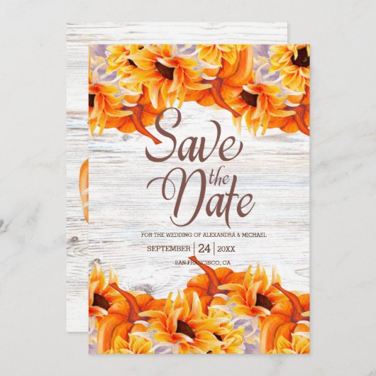 Rustige witte Waterverf pompoen zonnebloem Save The Date (Voorkant / Achterkant)