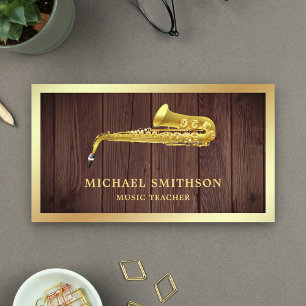 Rustige Wood Gold Foil Saxophone Music Teacher Visitekaartje