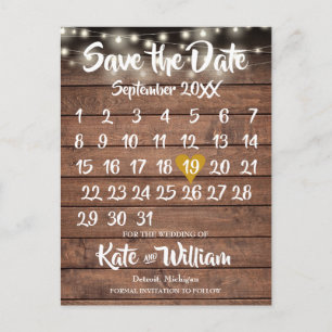 Rustige Wood Gold Heart Calendar Save the Date Aankondigingskaart