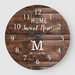 Rustige Wood Home Sweet Home Monogram Familienaam Grote Klok