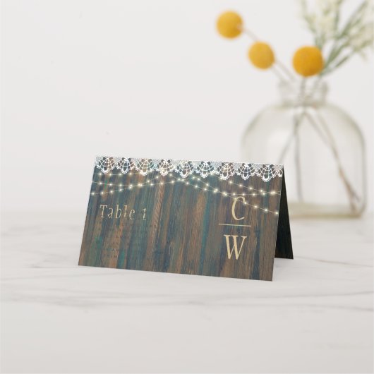 Rustige wood Lace Lights Wedding Table Number Name (Voorkant)