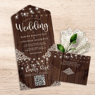 Rustige Wood Lace String Lights Wedding QR Code All In One Uitnodiging