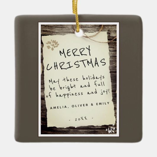 Rustige Wood oud Papierscript kerst Keramisch Ornament (Voorkant)