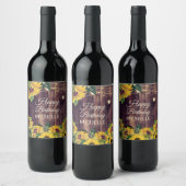 Rustige Wood Sunflower String Light Happy Birthday Wijn Etiket (Flessen)