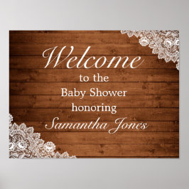 Rustige Wood & White Lace Baby shower Welkom Sign Poster