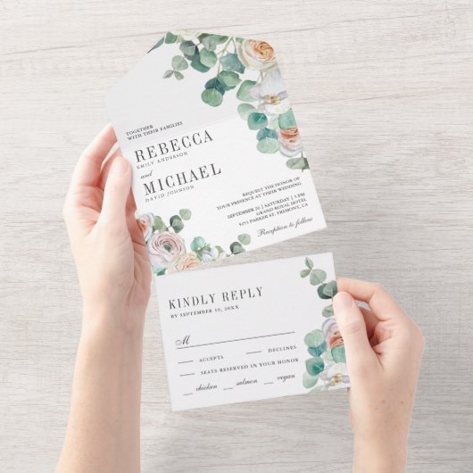 Rustige Zachte Rozen Eucalyptus Foliage Weddenscha All In One Uitnodiging (Afscheurbaar)